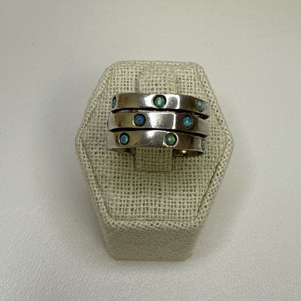 Sterling Silver Ring Wide Band Opal Modernist  925 Israel Artisan LIOR Size 8.75